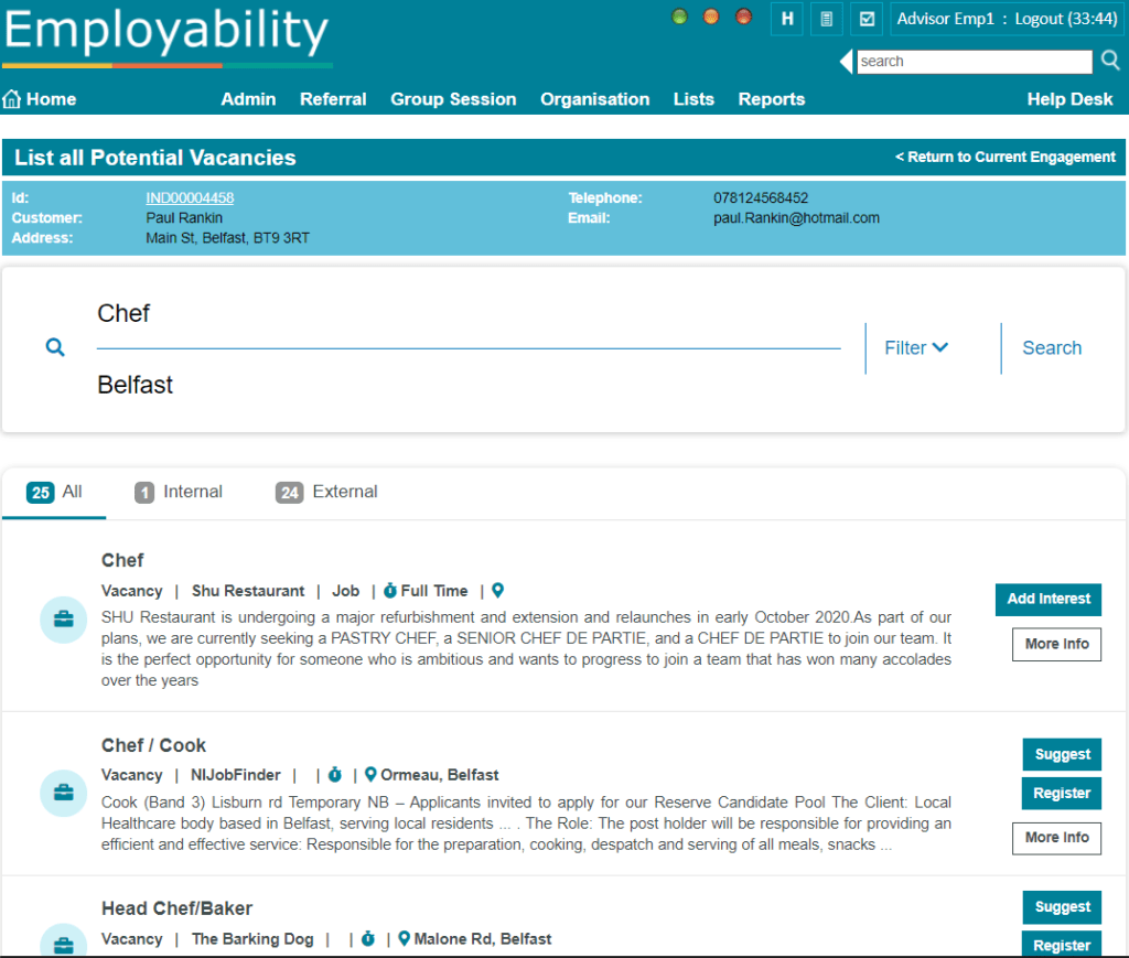 Advisor view of the ICONI Job Matching feature