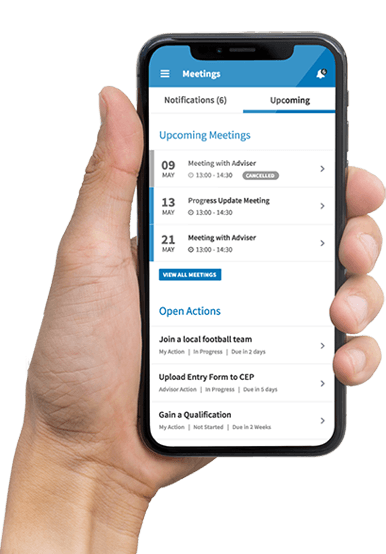 Hand holds smartphone with list of upcoming meetings shown on the screen